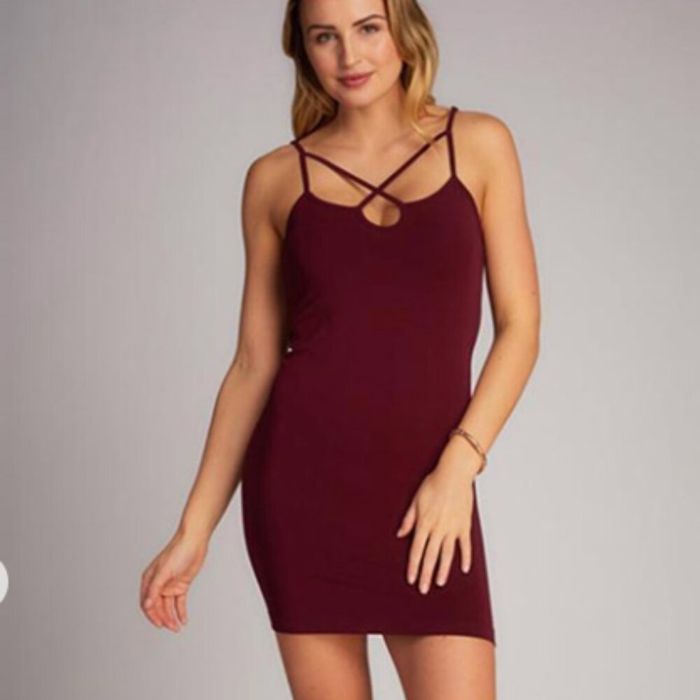 C'est Moi Bamboo Cross Front Cami Slip Dress Bordeaux